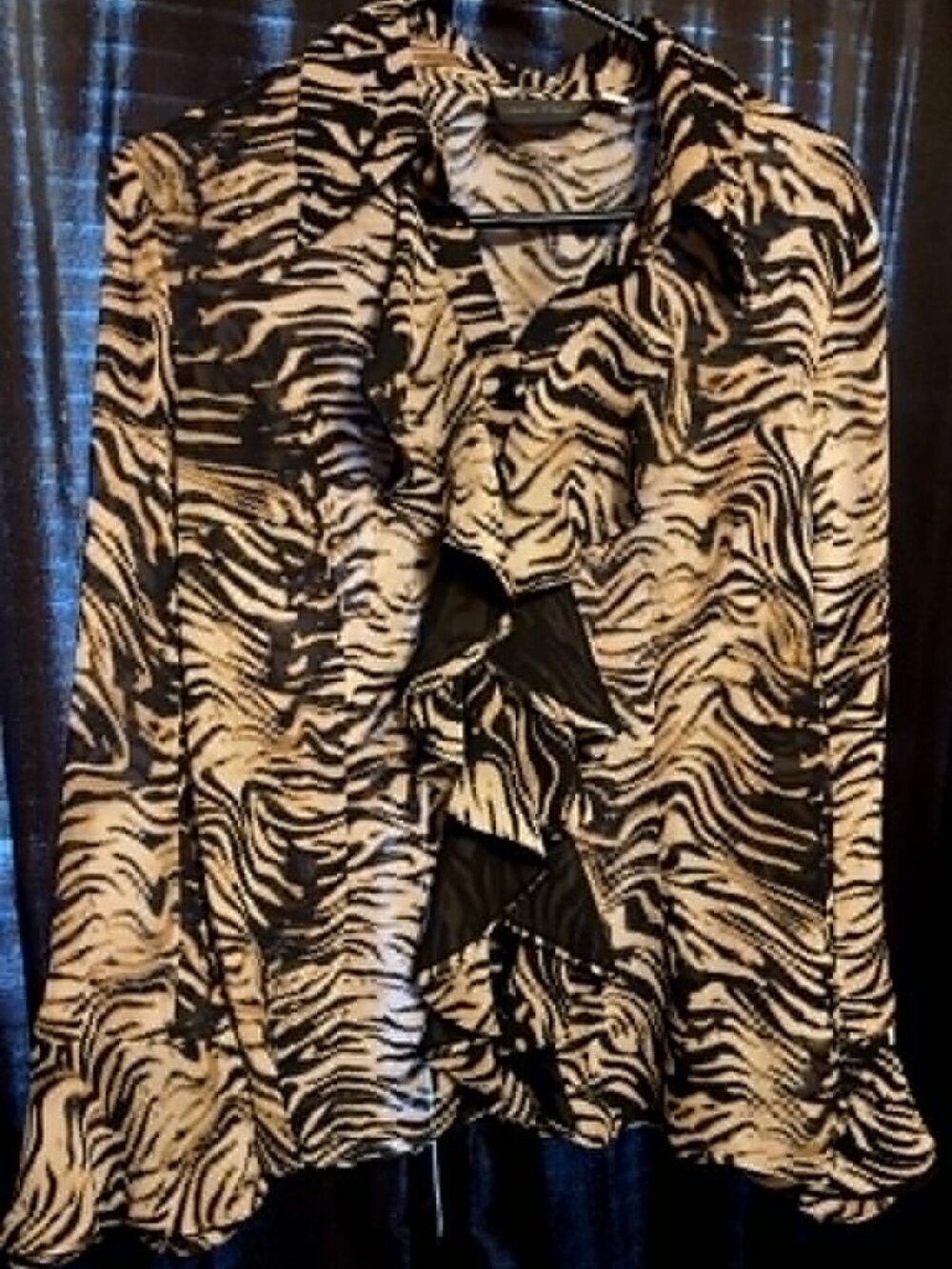 mark zunino small ruffles sheer button blouse animal print